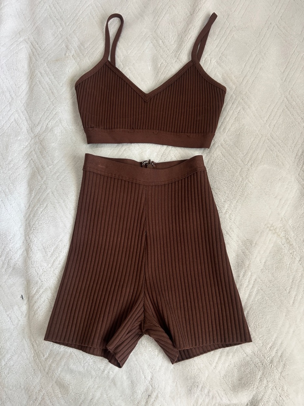 House of CB. Ribbed Chocolate Brown Crop Bralette & High-Waist Shorts Set